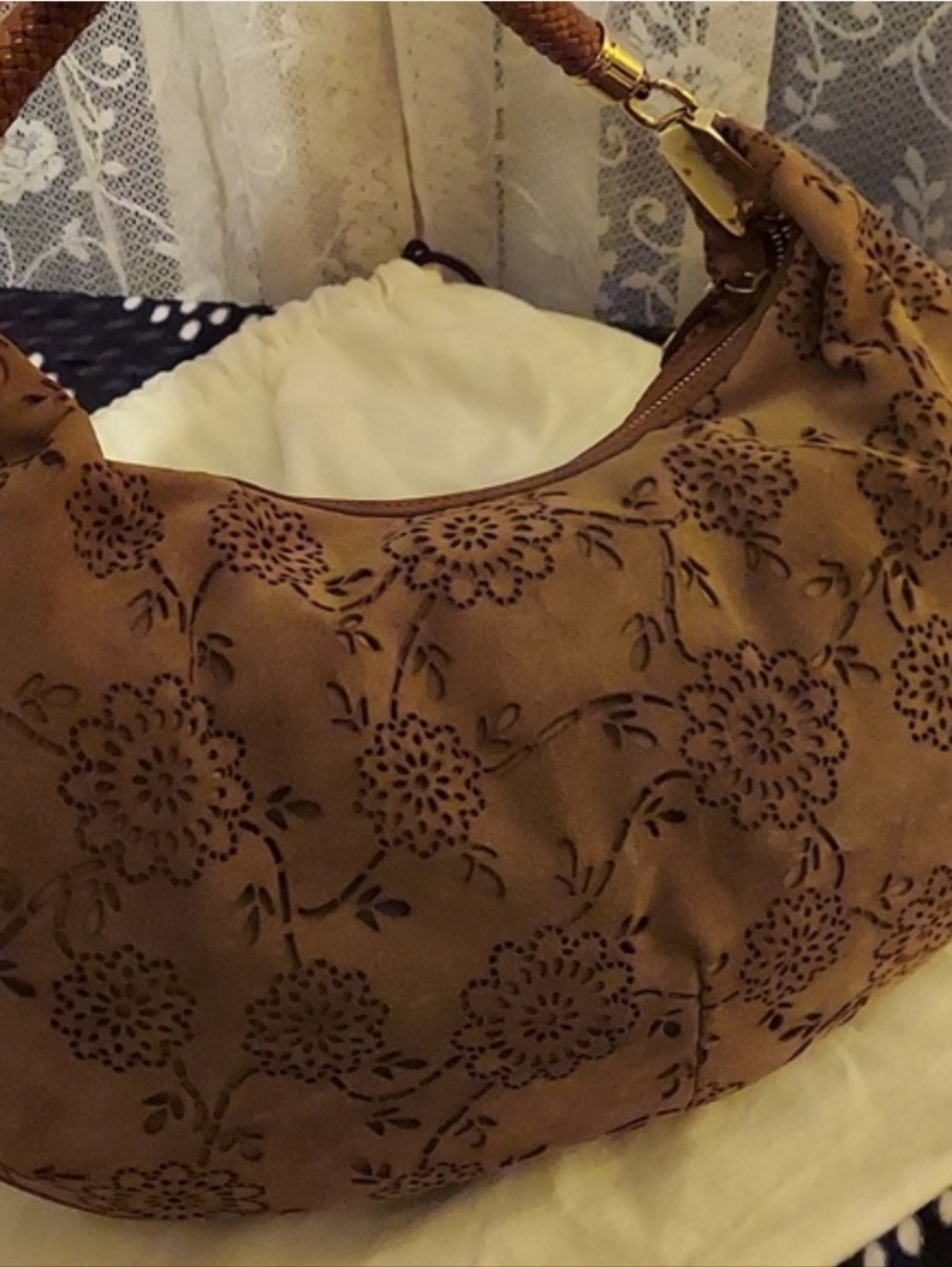 COLE HAAN H06 Collection Brown Suede Lazer Preforated Floral Motif Hobo Bag - Picture 8 of 14